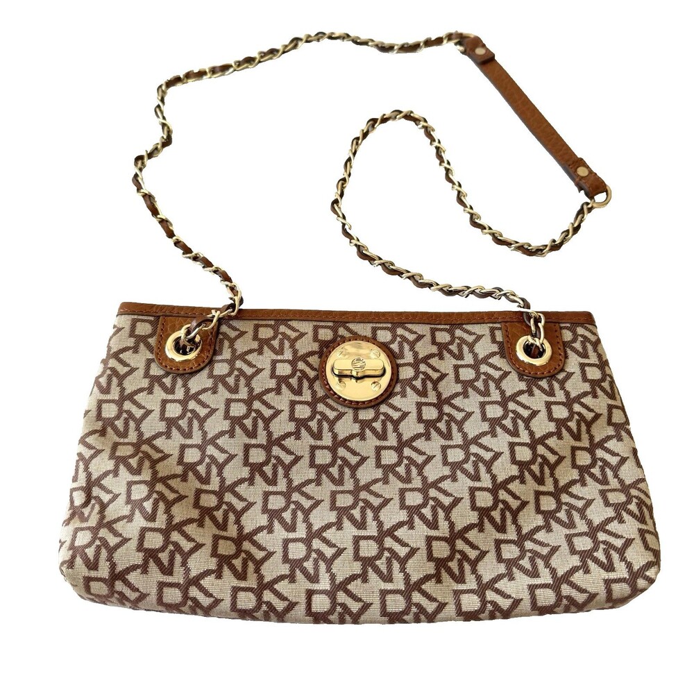 DKNY Brown Monogram Jacquard Logo Chain Strap Small Crossbody Shoulder Bag